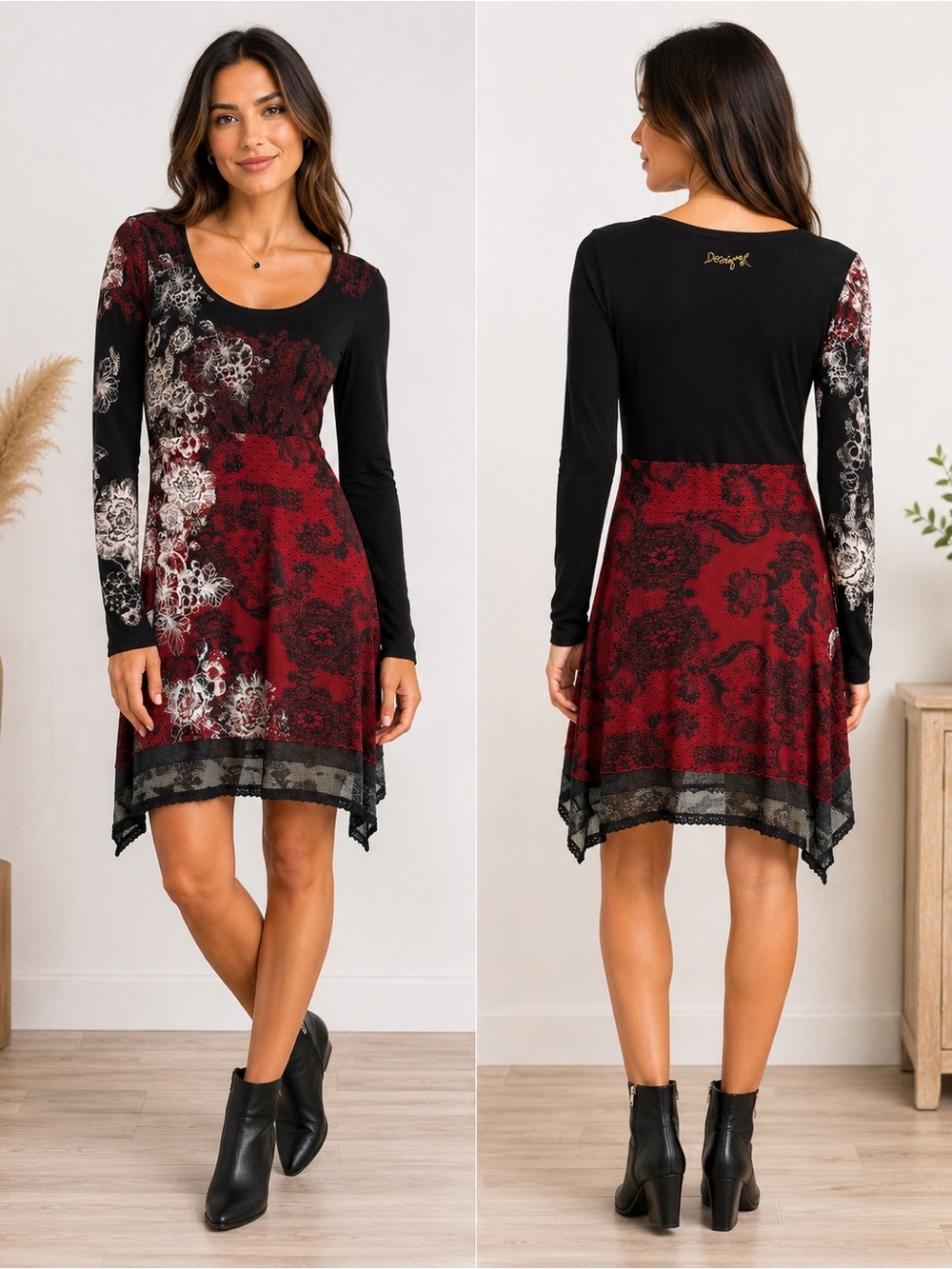 Desigual Long Sleeve Black & Red Floral Dress Size S Y2K Boho Eclectic